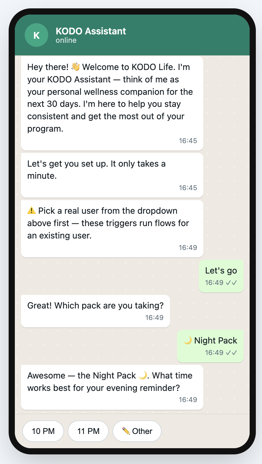 KODO Assistant onboarding chat on WhatsApp