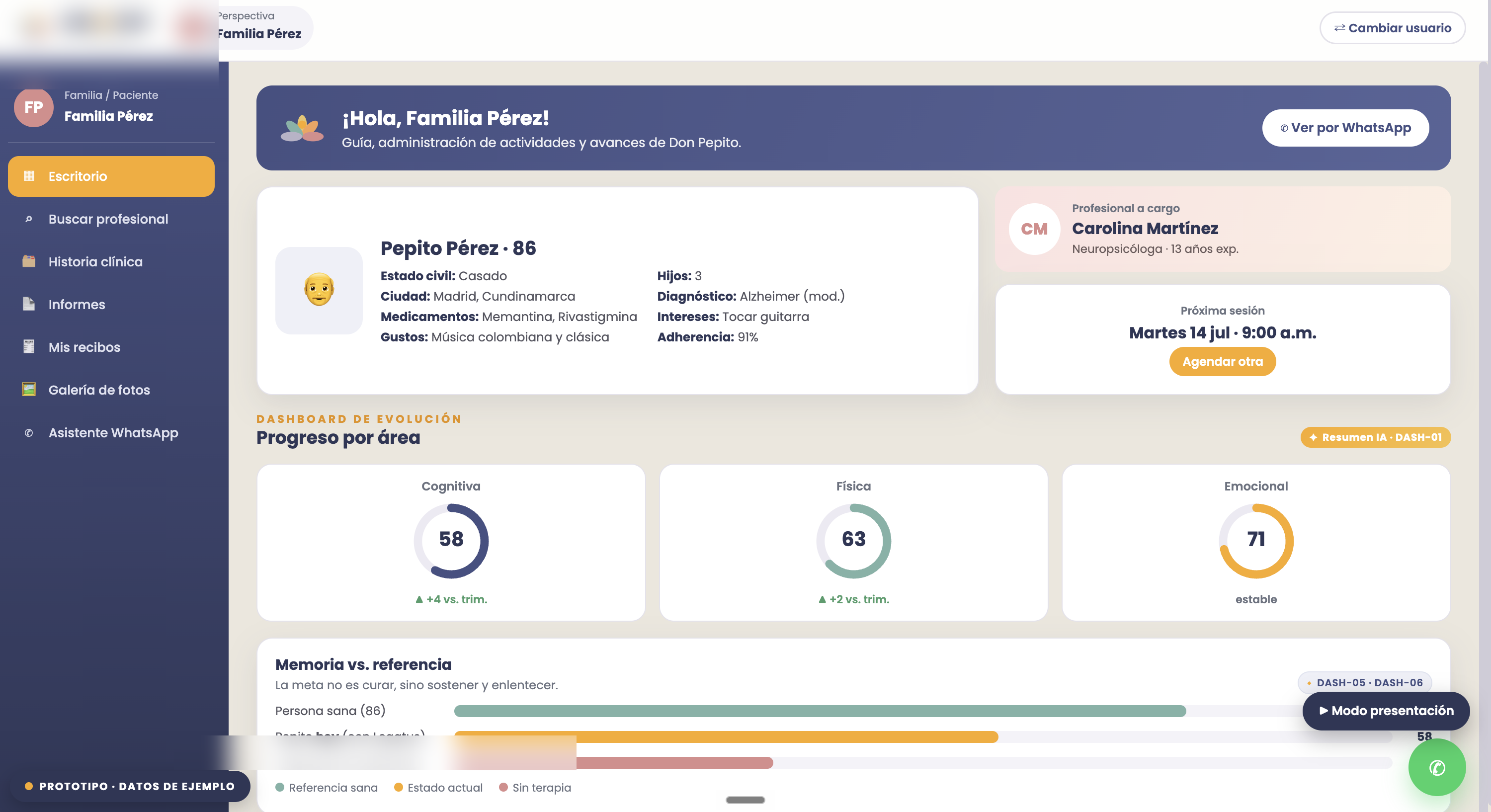 Family portal for a cognitive-decline care marketplace — bilingual EN/ES